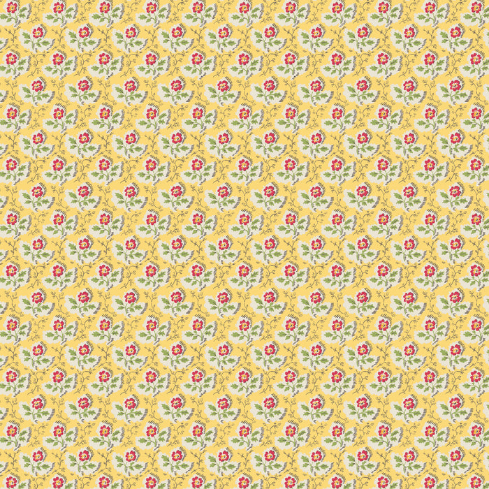 Yellow fabric with green-red floral pattern