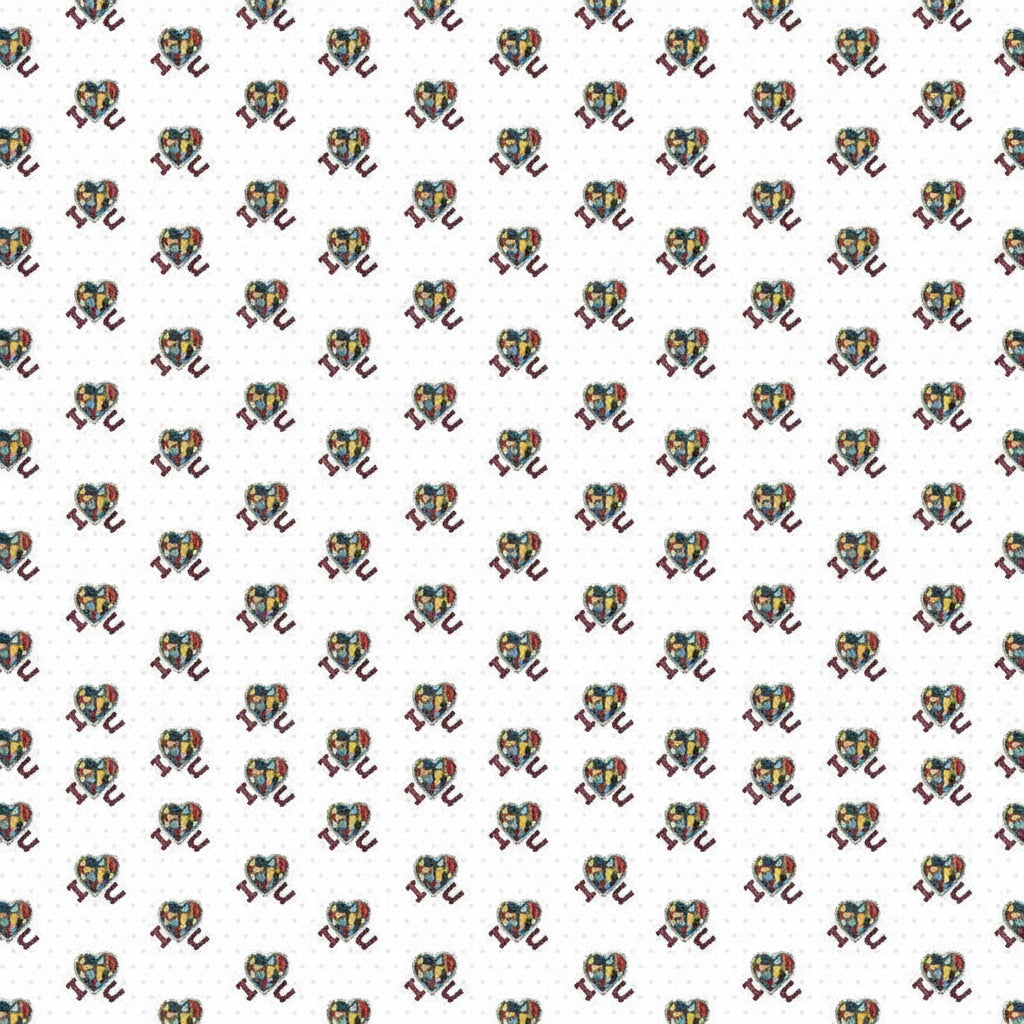 A repeating pattern of small multicolored heart-and-heart motifs on a white background with faint light gray dots.