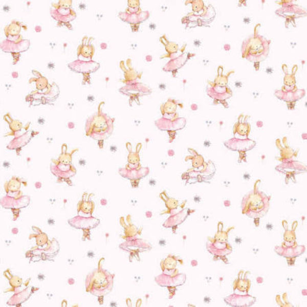 A repeating watercolor pattern of cute bunny ballerinas in pink tutus on a very light pink background, with small pink dots and gray sparkles.