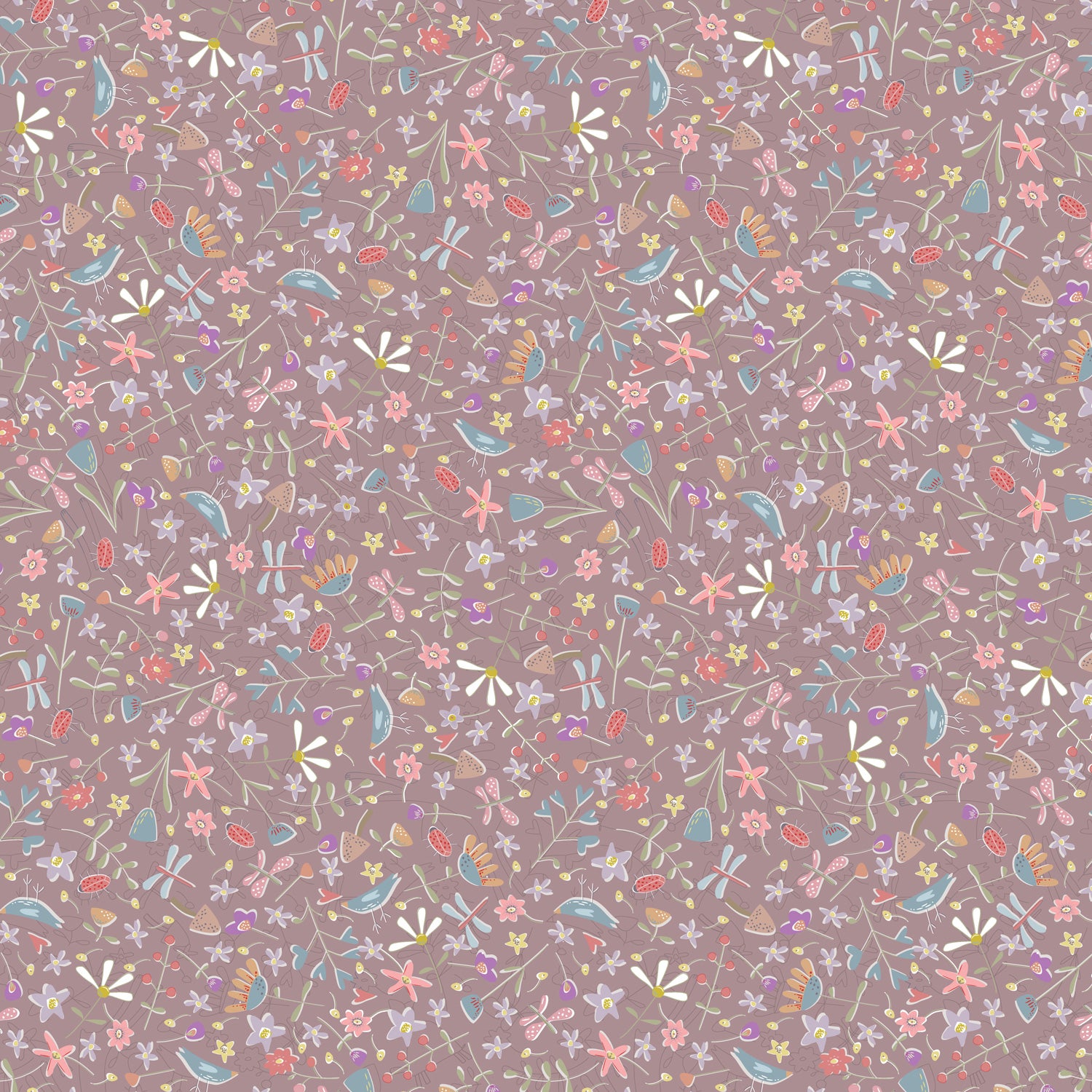 Pattern of small flowers and leaves on a purple background
