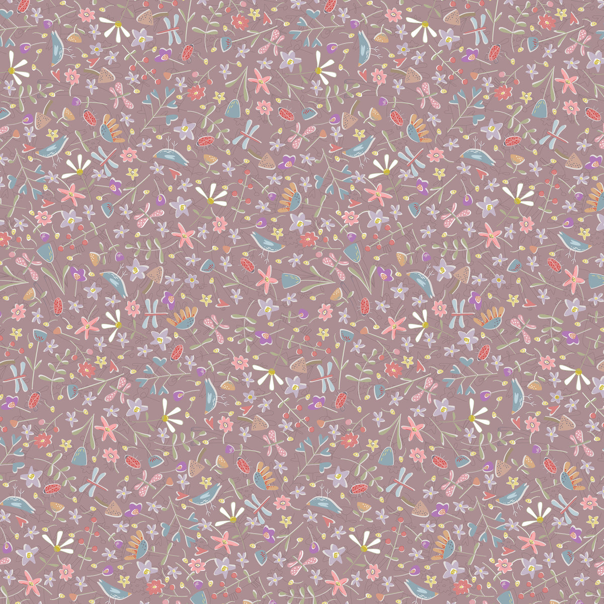 Pattern of small flowers and leaves on a purple background