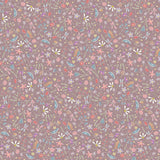 Pattern of small flowers and leaves on a purple background