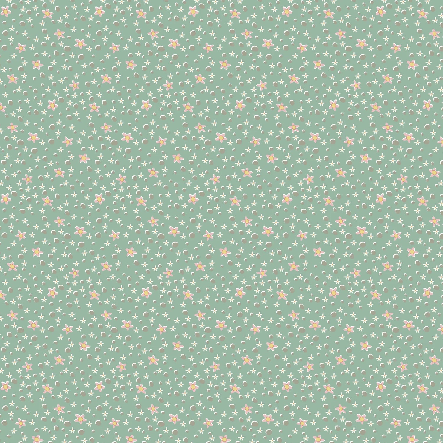 A repeating floral pattern featuring small white daisies and orange centers on a soft sage green background.