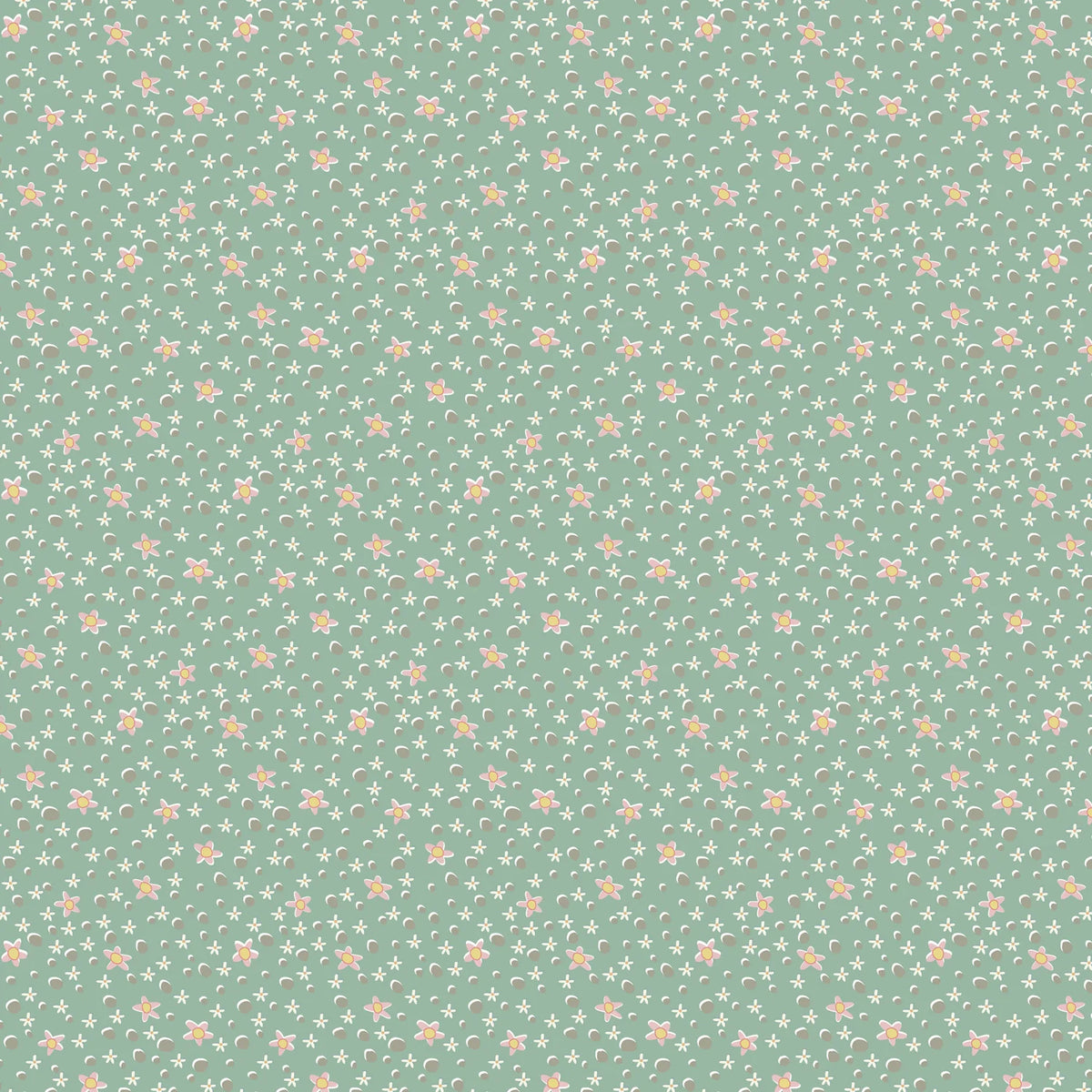 A repeating floral pattern featuring small white daisies and orange centers on a soft sage green background.