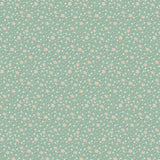 A repeating floral pattern featuring small white daisies and orange centers on a soft sage green background.