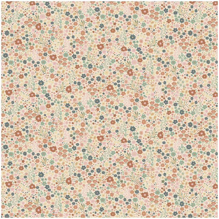 A square fabric or wallpaper swatch featuring a dense, all-over floral pattern on a pale cream background with small blossoms in muted orange, dusty blue, sage green, and soft pink.