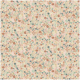 A square fabric or wallpaper swatch featuring a dense, all-over floral pattern on a pale cream background with small blossoms in muted orange, dusty blue, sage green, and soft pink.
