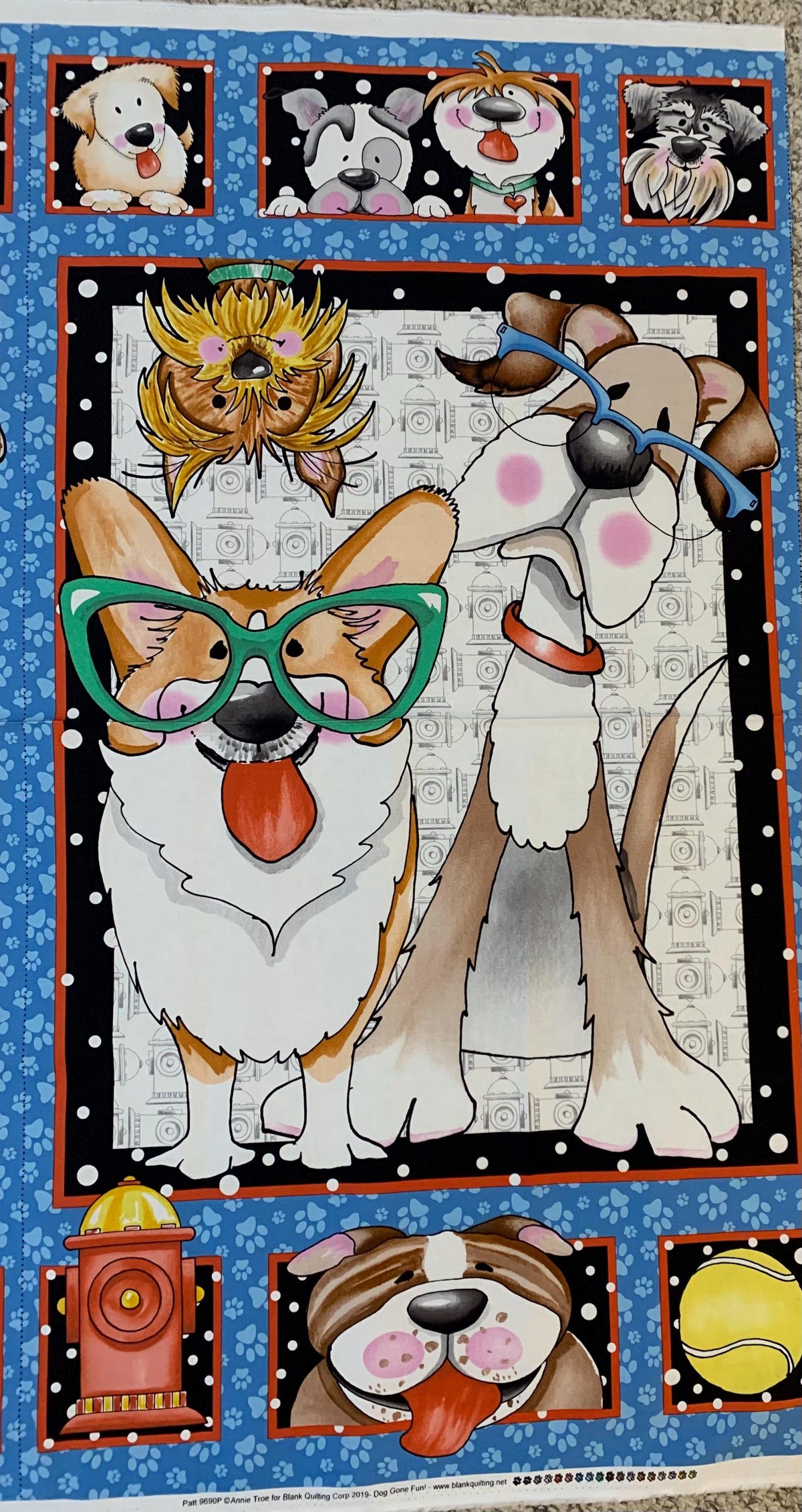 Dog gone fun is Annie Troe Blank Quilting cotton panel, dog cotton quilt panel .