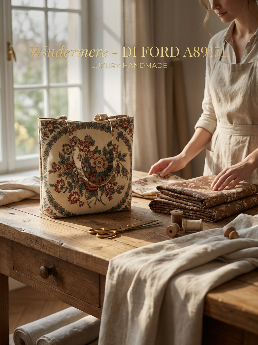 Windermere floral tapestry tote bag on a rustic wooden table with fabric rolls and a person folding fabric.