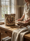 Windermere floral tapestry tote bag on a rustic wooden table with fabric rolls and a person folding fabric.