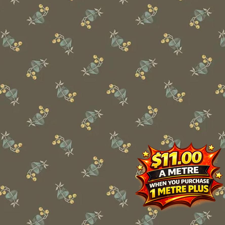 English Garden fabric with small blue and yellow floral sprigs on a brown background.