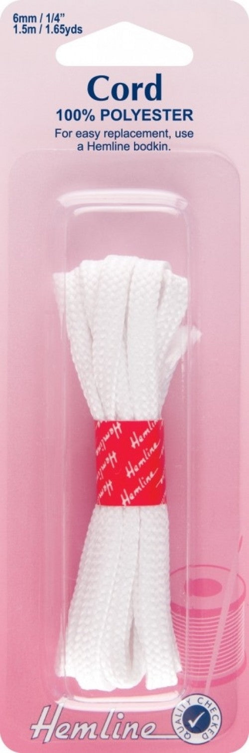 Hemline 6mm, 1.5mtrs Round Polyester Cord White