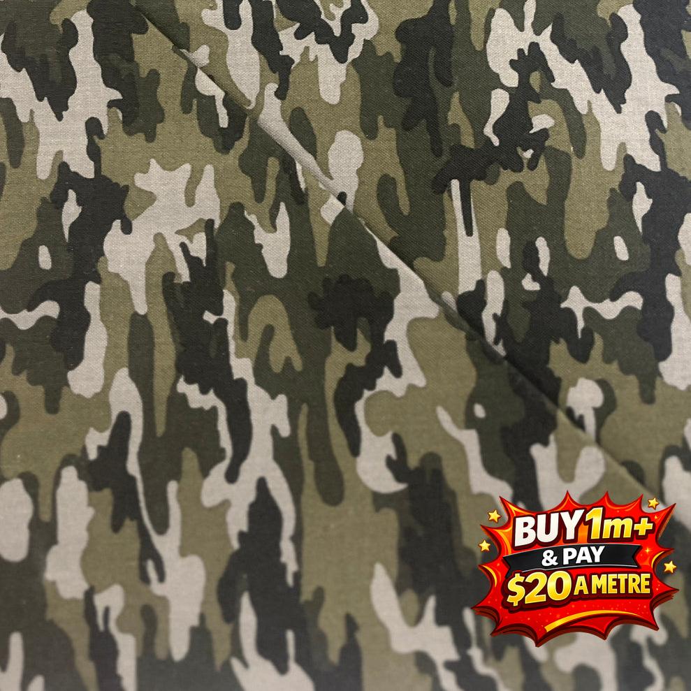 Camoflauge Greens 100% Cotton Fabric WOF 110cm- 112cm