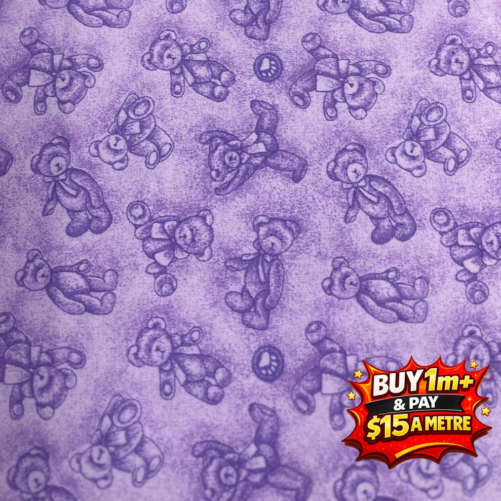 Purple Bear 100% Cotton Fabric WOF 110cm- 112cm