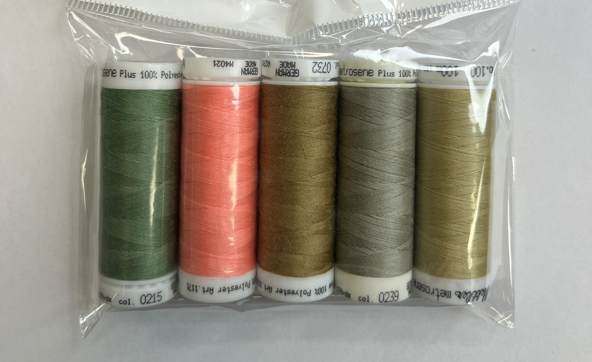 Set of five spools of thread in various colors in a clear plastic package with a white background.