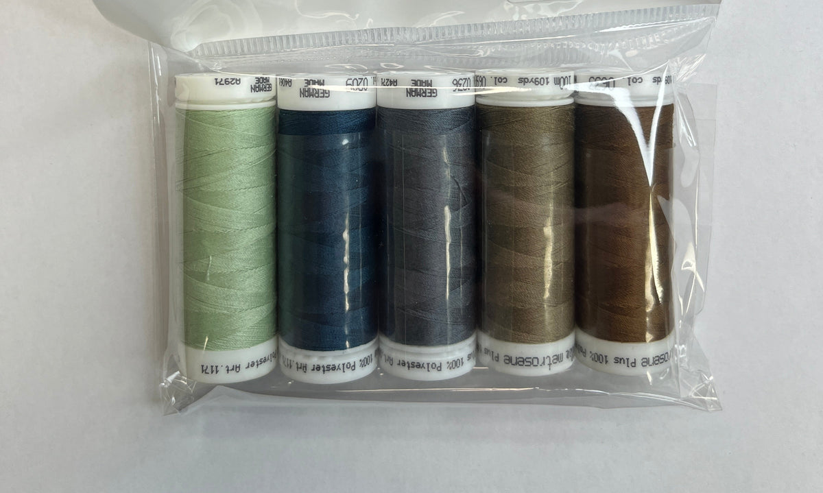 Set of sewing threads in a clear package with a label on a white background