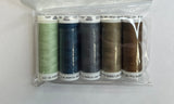 Set of sewing threads in a clear package with a label on a white background