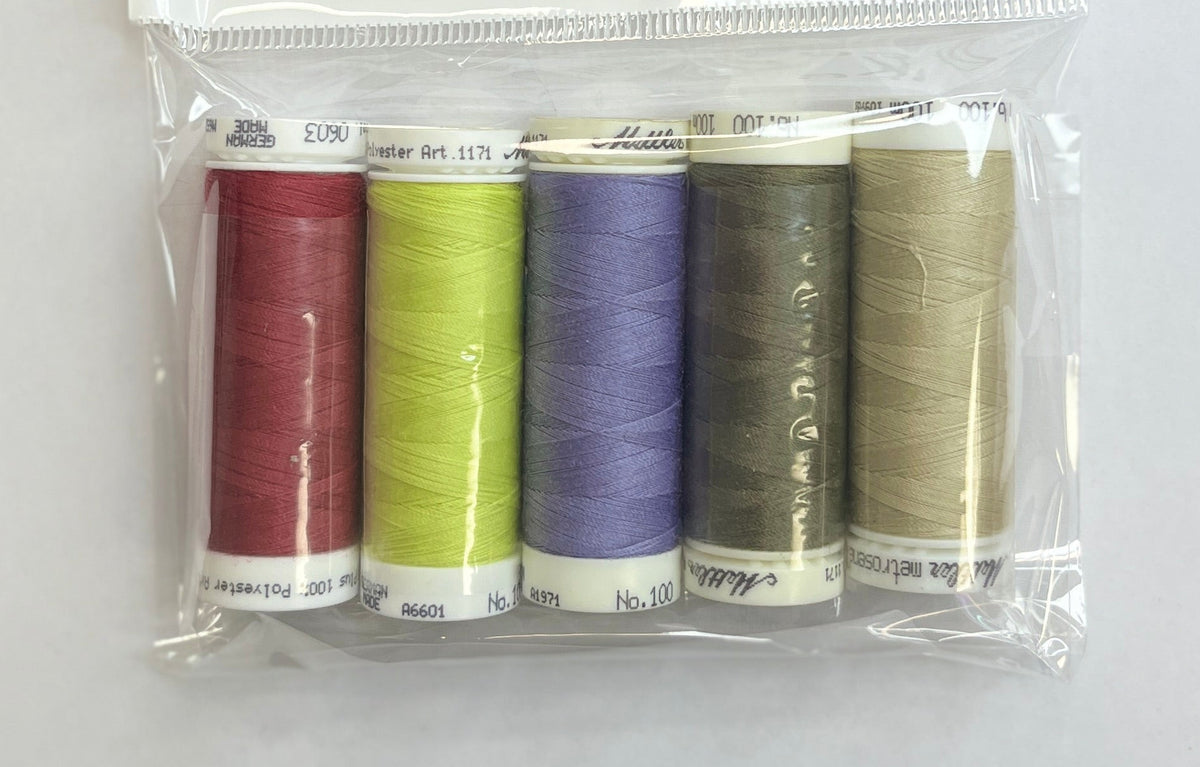 Set of five spools of thread in various colors in a clear plastic package on a white surface.