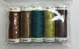 Set of thread spools in a clear package with a label on a white surface.