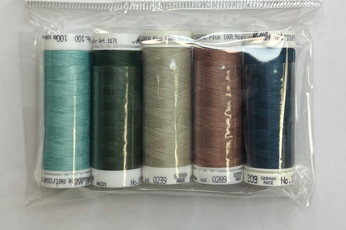 Set of five spools of thread in a clear package on a white surface with a pen and circular object in the background.