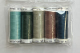 Set of five spools of thread in a clear package on a white surface with a pen and circular object in the background.