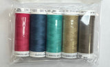 Set of colorful thread spools in a clear package on a white surface.