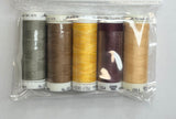 Packaged thread set with spools on a white sheet of paper