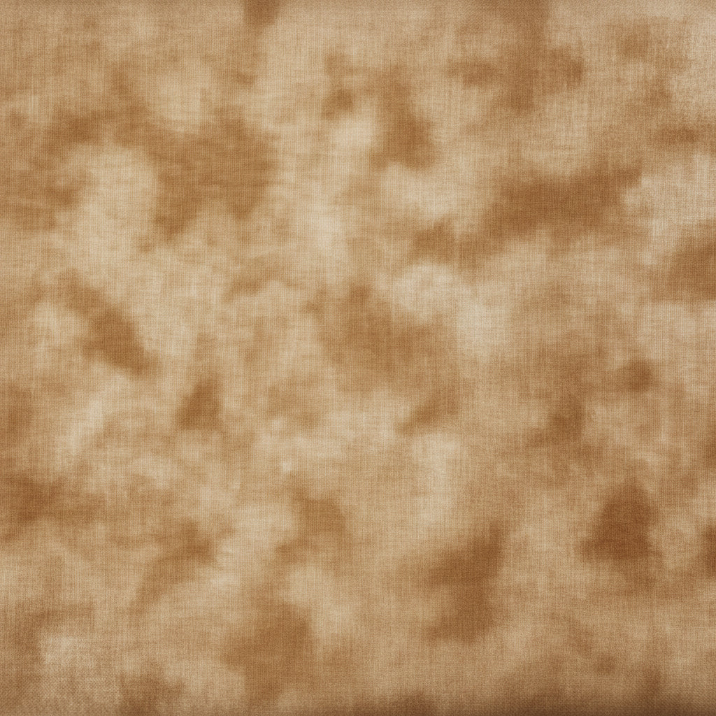 A close-up of a light beige fabric with a soft, mottled pinkish-beige pattern, with other patterned fabrics stacked above it.