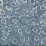 A hand holding a folded fabric panel with a navy blue and white circular dot pattern, layered over other colorful patterned fabrics.