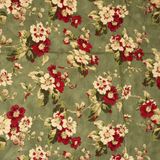 A close-up of a floral fabric pattern featuring red and cream flowers with green leaves on a muted sage green background.