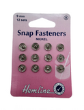 Hemline Snap Fasteners Nickel, 9mm, / 12 Sets.