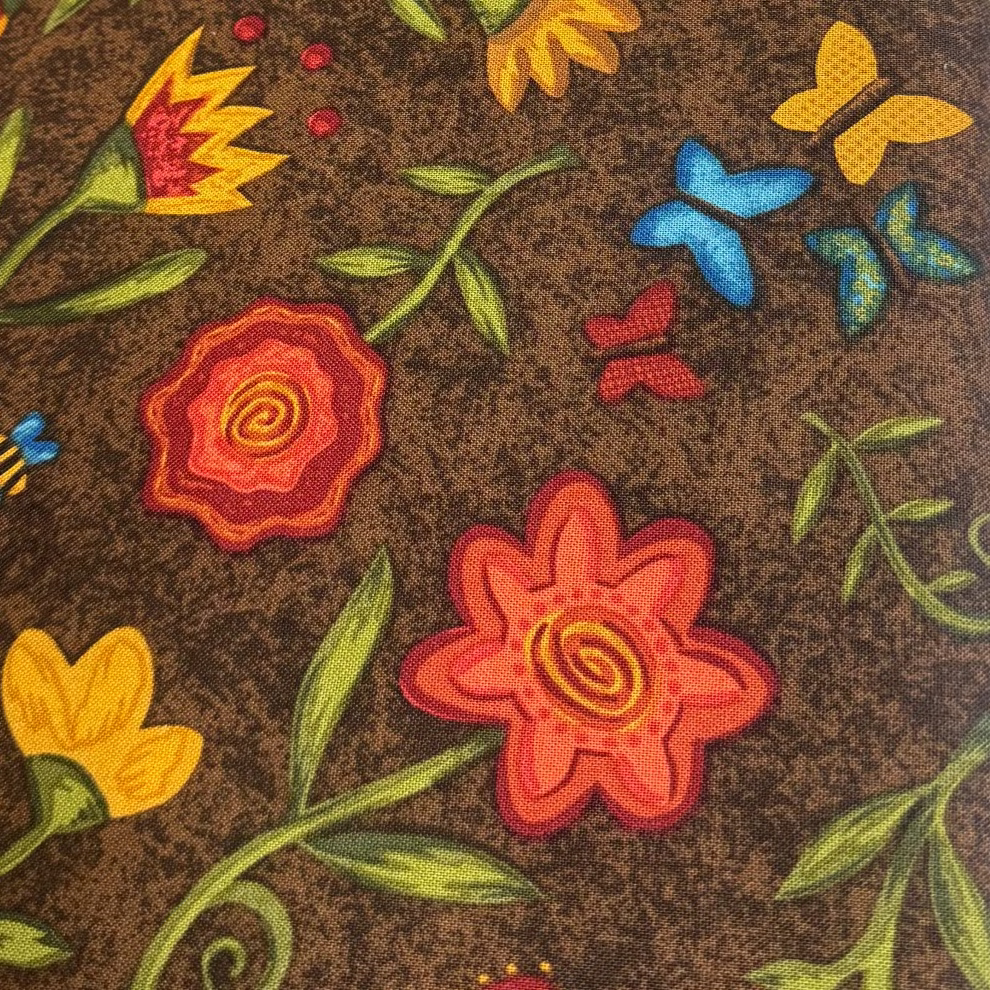 P & B Textiles - Simple Stiches Brown with Flowers and Butterflies
