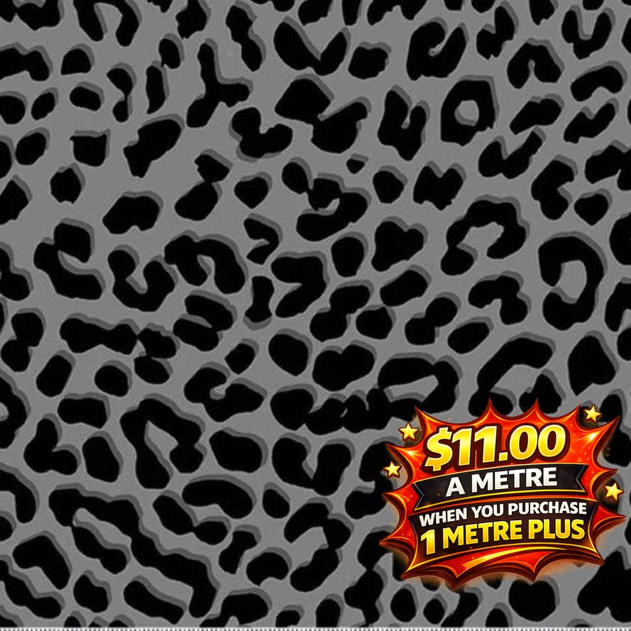 Ash grey fabric with black leopard print, featuring a red and yellow price tag for $11.00 a metre.