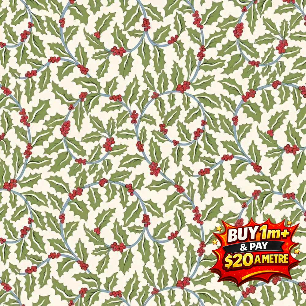 FESTIVE GREETINGS - SWIRLING HOLLY - L01667432B - 100% LASENBY COTTON