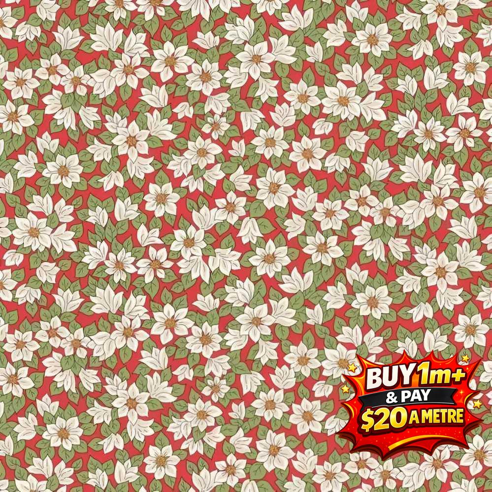 FESTIVE GREETINGS - PEACEFUL POINSETTIAS - L01667434B - 100% LASENBY COTTON