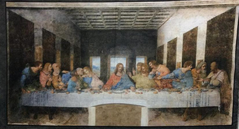 Leonardo da Vinci's Last Supper, a detailed panel print, 110x60cm, featuring Jesus and disciples.