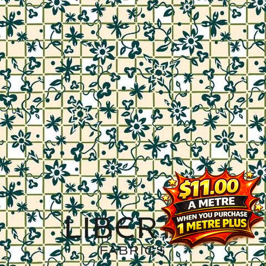 Liberty Arthurs Garden 2 fabric: cream with dark green floral vine pattern on a checkered background.