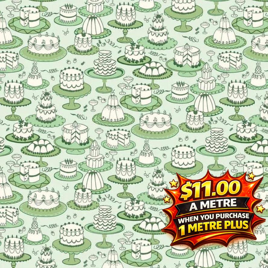 Light green fabric with white cakes on stands, priced at $11.00 a metre.