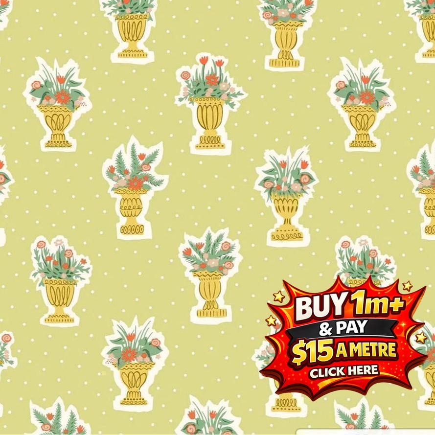 Light green fabric with a repeating pattern of gold vases holding colorful floral arrangements.