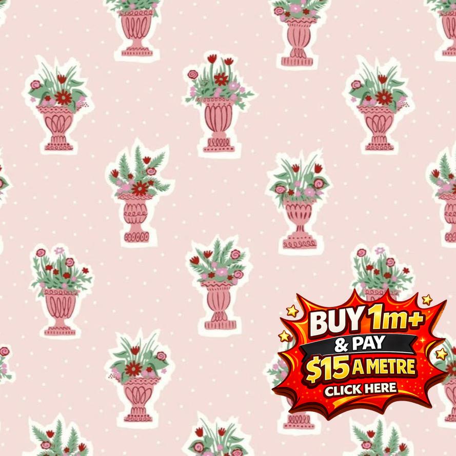 Pink fabric with a repeating pattern of ornate pink vases holding green and red floral arrangements.