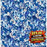 LIBERTY Garden Party Meadow Haze fabric, blue floral print with white and grey accents.