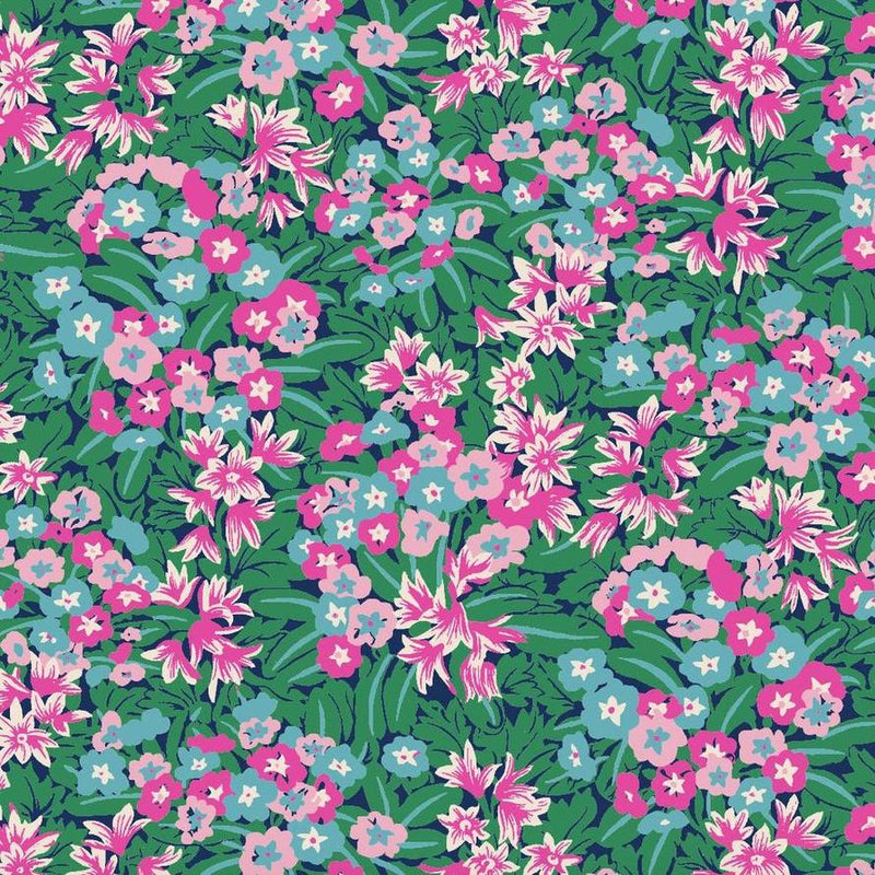 Liberty Purdy Tana Lawn fabric with a dense floral pattern in pink, light blue, and white on a dark green background.