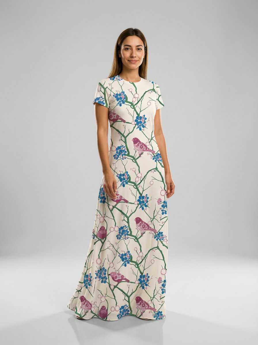 Woman in a white Liberty Tana Lawn maxi dress with a "Bird Song" print of pink birds and blue flowers.