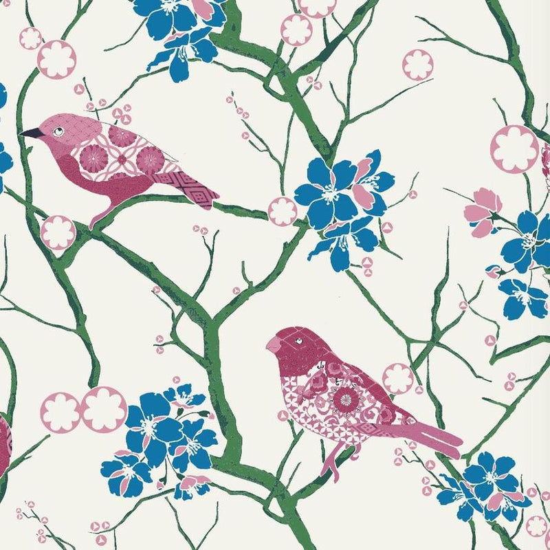 Liberty Tana Lawn Bird Song fabric with pink patterned birds, blue flowers, and green branches on white.