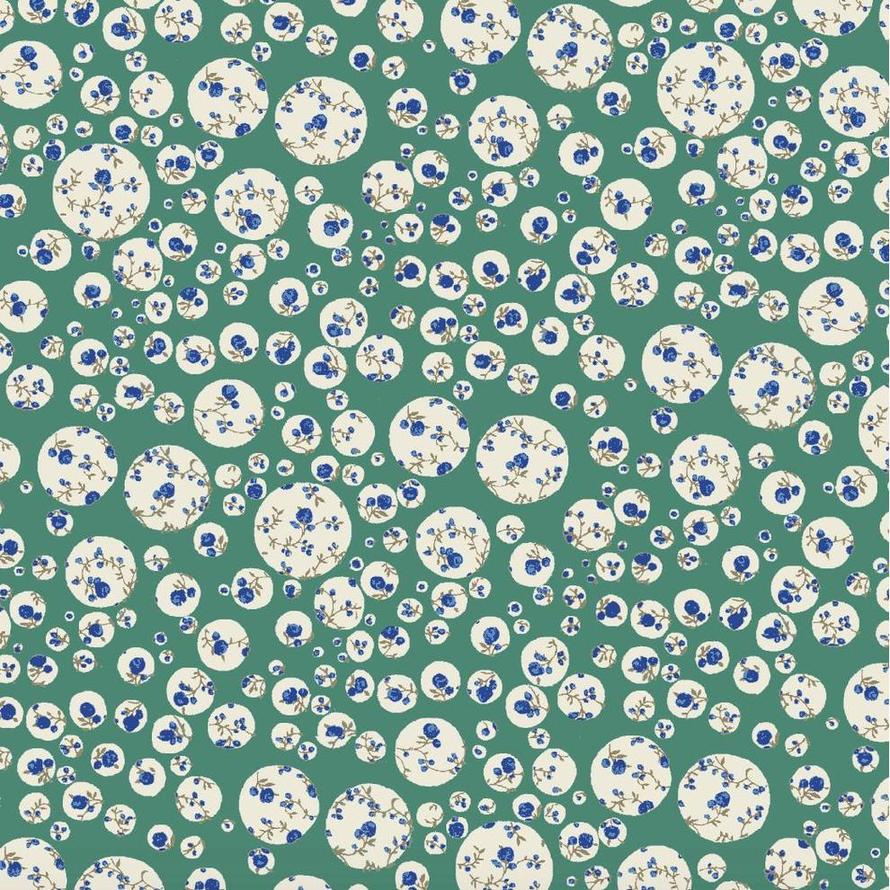 Liberty Tana Lawn Joanna Rose Bespoke fabric: green with white circles featuring blue floral sprigs.