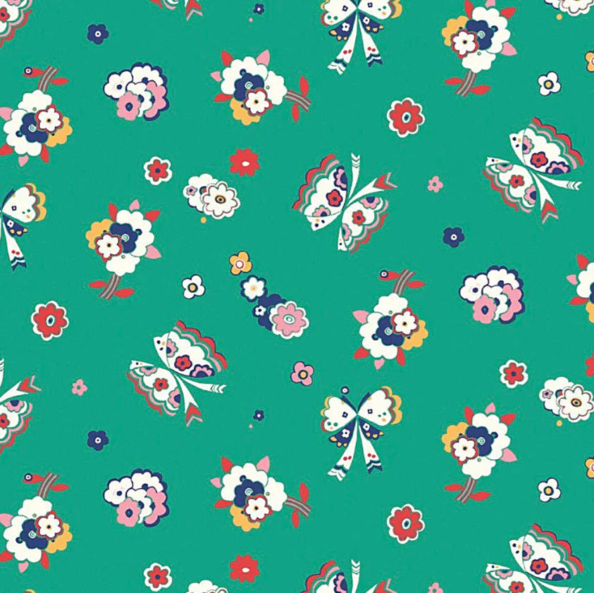 A repeating pattern of stylized butterflies and flowers on a teal green background. The motifs include white, pink, red, yellow, and blue floral clusters, butterflies, and small blossoms.