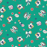 A repeating pattern of stylized butterflies and flowers on a teal green background. The motifs include white, pink, red, yellow, and blue floral clusters, butterflies, and small blossoms.