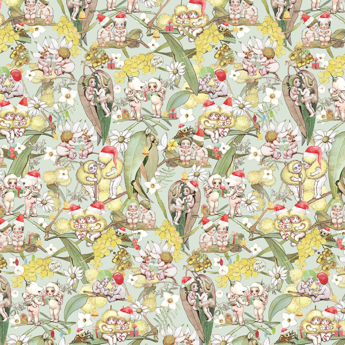 MAY GIBBS XMAS GOSSIPING GUMNUTS LT GREEN - MG1032 - 100% Cotton