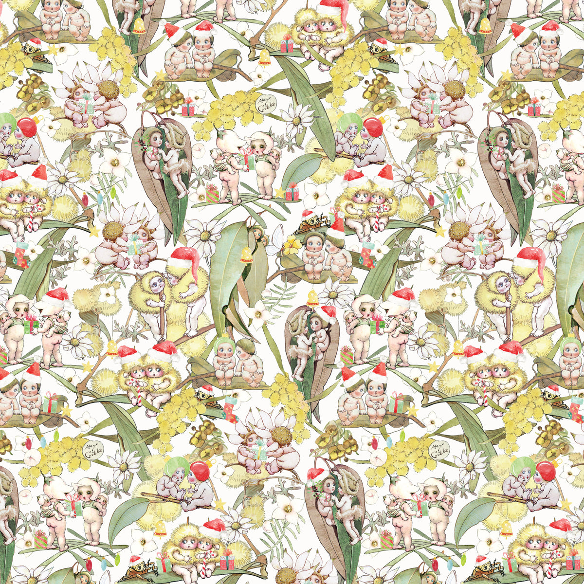 MAY GIBBS XMAS GOSSIPING GUMNUTS WHITE - MG1033 - 100% Cotton