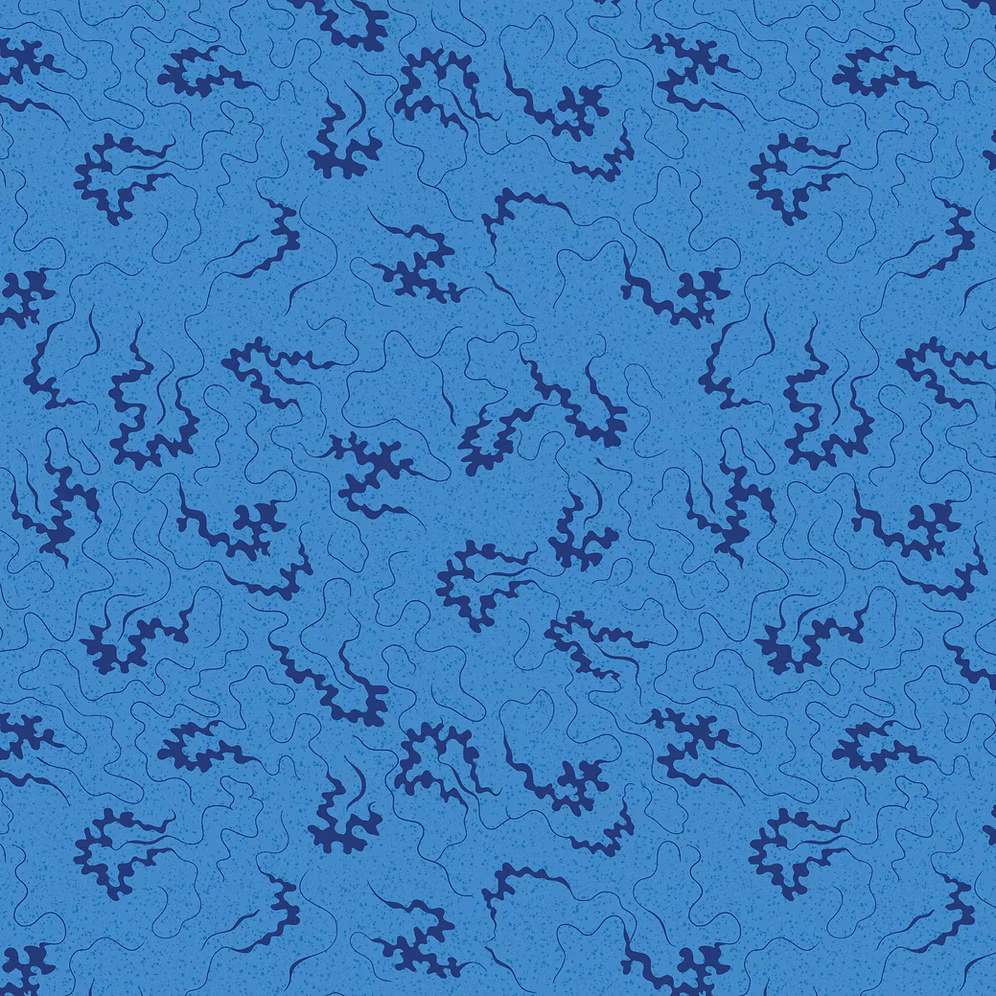 A repeating pattern of dark navy blue abstract wavy line motifs on a medium blue textured background.